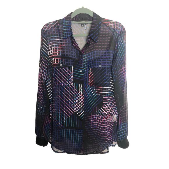 DKNY Sheer Long Sleeve Button Up Shirt w/ Cami Women’s XS Black Multi Geometric - Picture 1 of 7